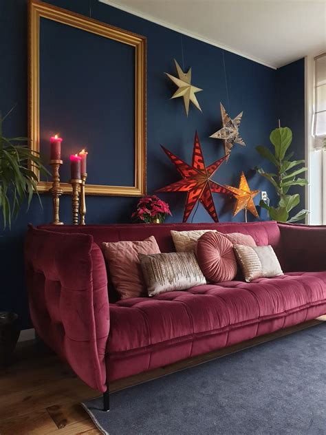 Velvet Sofa With Dark Blue Wall Looks So Elegant Burgundy Couch Is The
