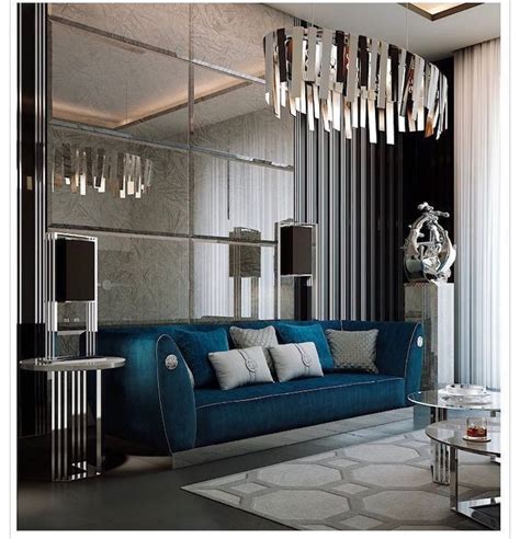 Mirror Tiled Wall Designs Hanging Chandelier Navy Blue Velvet Sofa