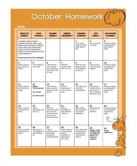 Monthly Homework Calendar First Grade Pdf Homework Calendar