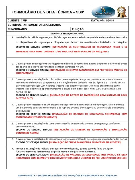 Ss01 Formulário De Visita Técnica Science Engenharia