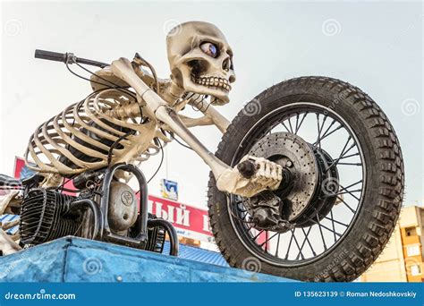 Moto Skeleton Sculpture On Motorbike Area Motorcycle Skeleton On Highway M4 Don Editorial