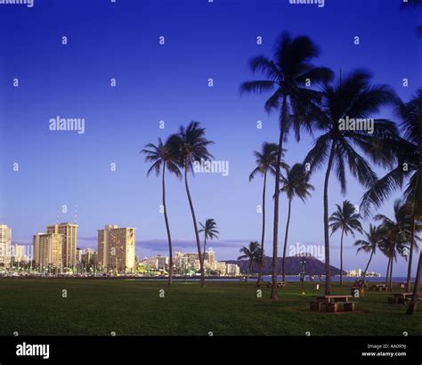 Waikiki Skyline From Ala Moana Park Honolulu Oahu Hawaii Usa Stock