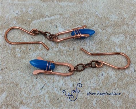 Handmade Copper Earrings Chain Dangling Wire Wrapped Blue Glass Dagger