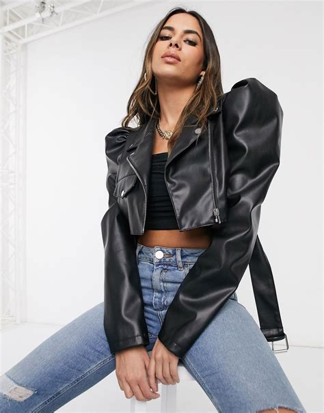 Asos Faux Leather Puff Sleeve Cropped Biker Jacket In Black Lyst