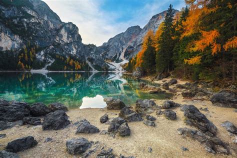 Autumn Landscape With Turquoise Mountain Lake In Dolomites Italy Stock
