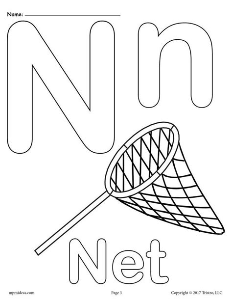 The Letter N Is For Net Coloring Page With An Image Of A Tennis Racket