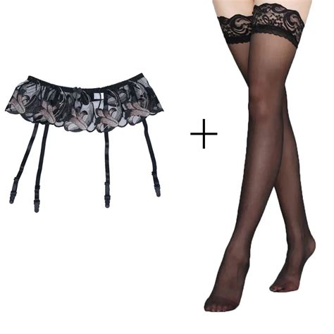 Black Garters Embroidery Floral Sexy Garter Belts With Black Stocking Set For Womenfemalelady