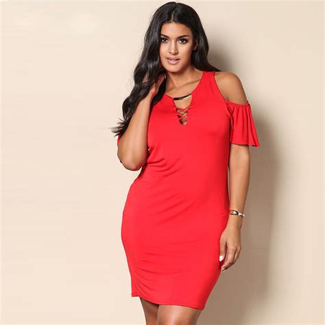 Sexy Red Plus Size Knitted Party Dress Ladys Deep V Ruffled Cold