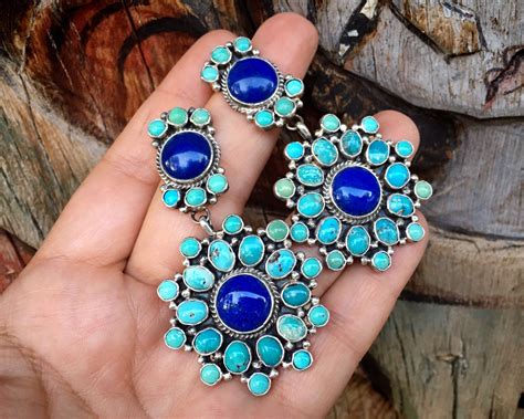 Turquoise Lapis Lazuli Cluster Dangle Earrings Navajo Native American