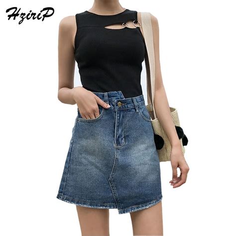 hzirip denim skirt women 2018 summer high waist short a line skirt casual irregular sexy jean