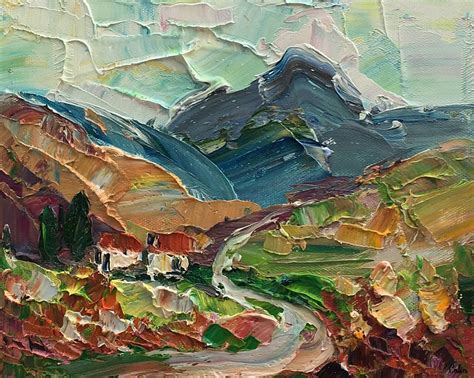 Heavy Texture Oil Painting Mountain Village Landscape Painting Small