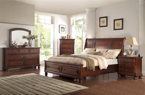 Cherry Solid Wood Cal King Storage Bedroom Set 5pcs Wchest Traditional