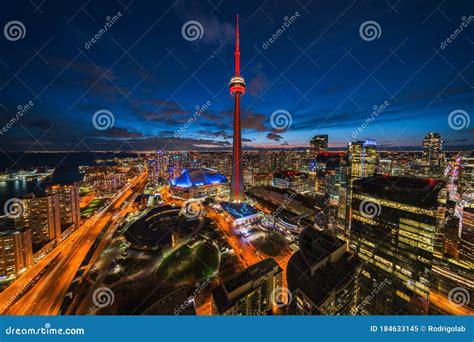 Panoramic View Of Toronto Cityscape At Night Ontario Canada Editorial