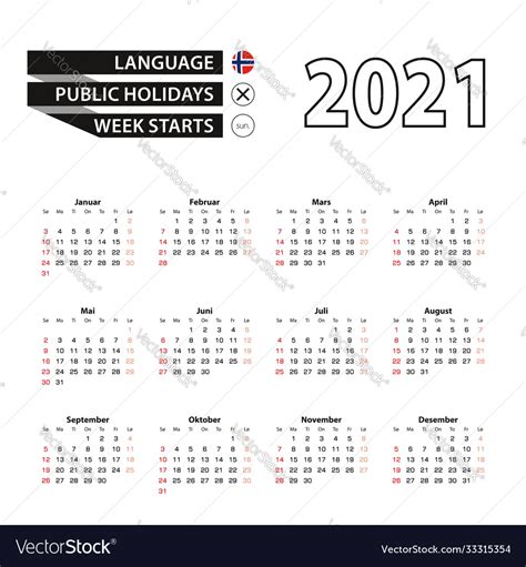 2021 Calendar In Norwegian Language Week Starts Vector Image