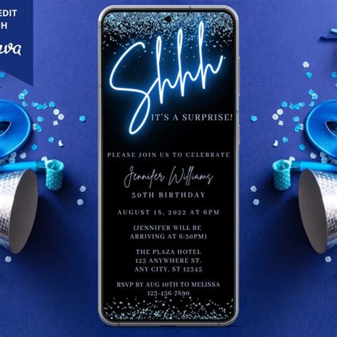 Surprise Birthday Party Invitation Editable Template Silver Etsy