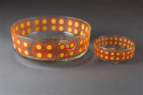 Vintage Glass Bowls 2 Mid Century Modern Orange And Yellow Kitsch Populuxe Pattern Snack