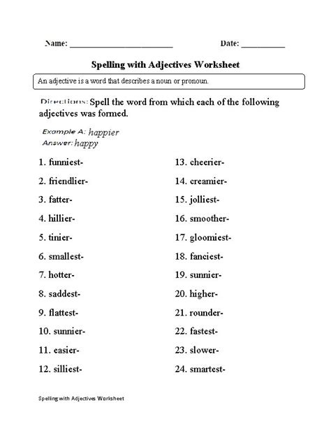 Students will identify adjectives in a group of words, use them to complete sentences, and to write their own! Spelling with Adjectives Worksheet | Adjective worksheet, Adjectives, Describing words