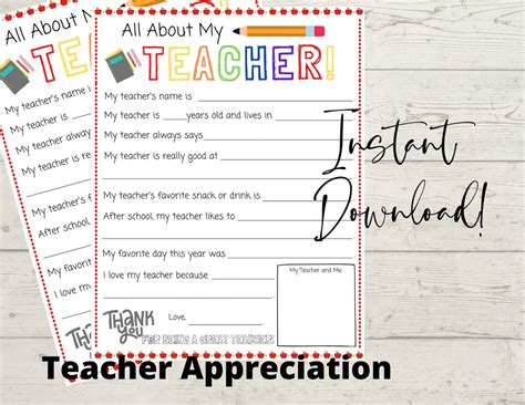 All About My Teacher Printable Teacher Appreciation Printable End Of