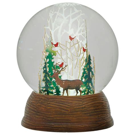 Winter Forest Snow Globe Led Lighted Deer Pine Beech Trees Birds