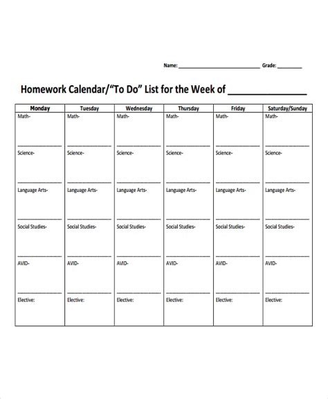 7 Homework Calendar Templates Free Sample Example Format Download