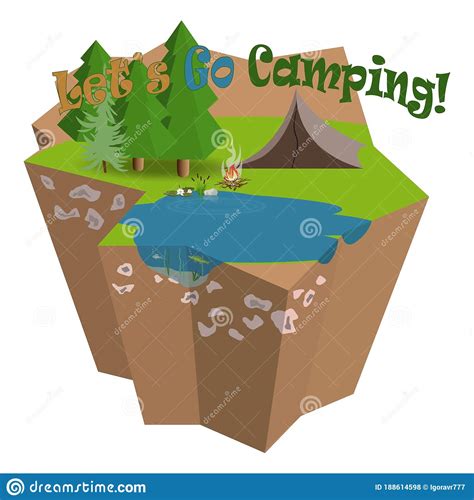 Lets Go Camping And Fishing Vector Illustration 3d Isometric Island