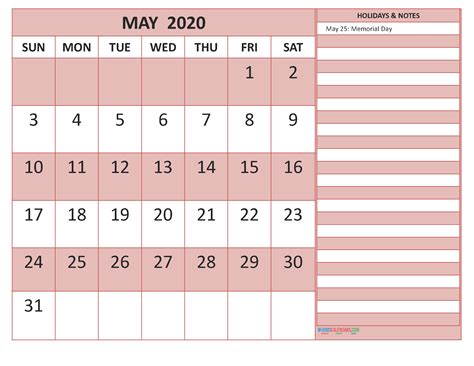 May 2020 Calendar With Holidays Free Printable