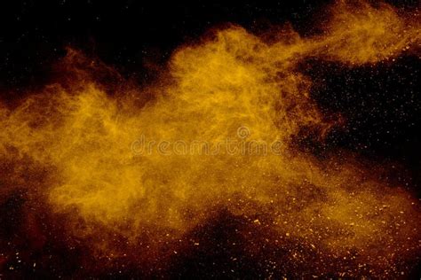 Yellow Red Powder Explosion Cloud On Black Background Freeze Motion Of