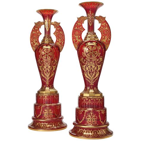 Pair Of Ruby Cut Glass Overlay Crystal Ovoid Vases At 1stdibs