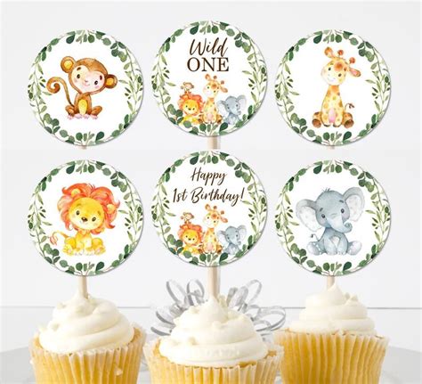 Wild One Cupcake Toppers Safari Jungle Zoo Animals Birthday Party First