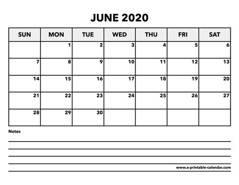 Calendar June 2020 A Printable Calendar