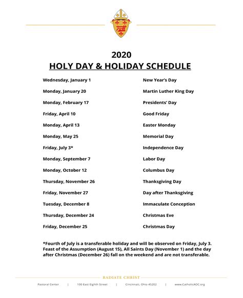 Holy Day Holiday Schedule Archdiocese Of Cincinnati
