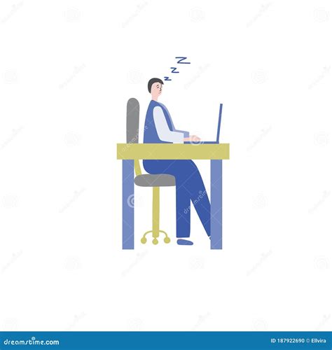 Vector Illustration Man Is Sleeping At Work Table Over Laptop Fatigue