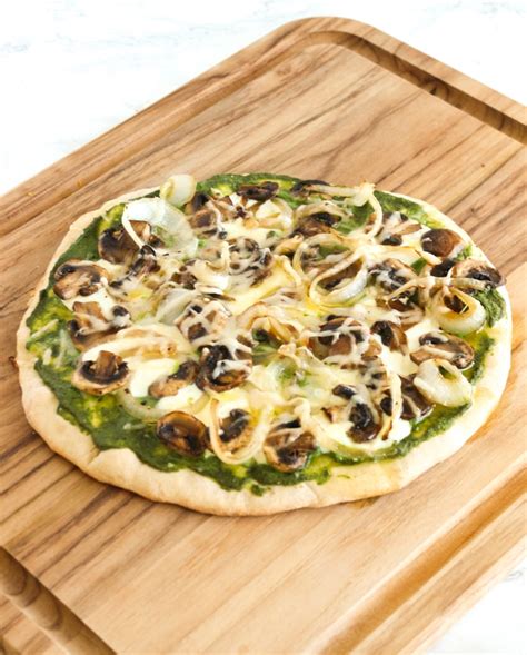 Mushroom Pesto Pizza With Onions Thyme And Truffle Oil Vegetarian