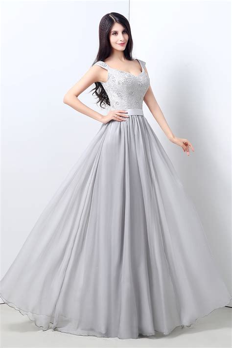 A Line V Neck Long Silver Chiffon Lace Beaded Prom Dress With Sash Straps