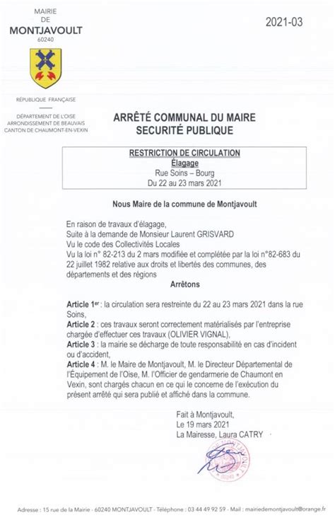 Arrêté communal Mairie de Montjavoult