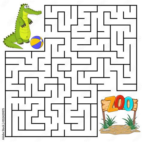 Square Maze For Kids With Cartoon Crocodile Find Right Way To The Zoo