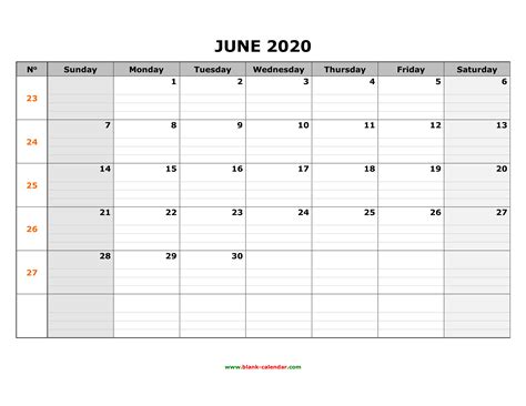 Free Download Printable June 2020 Calendar Large Box Grid Space For Notes