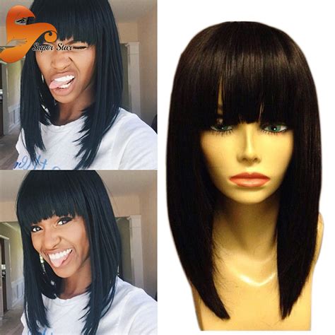 silky straight human hair bob wigs with bangs brazilian full lace front wigs for black women