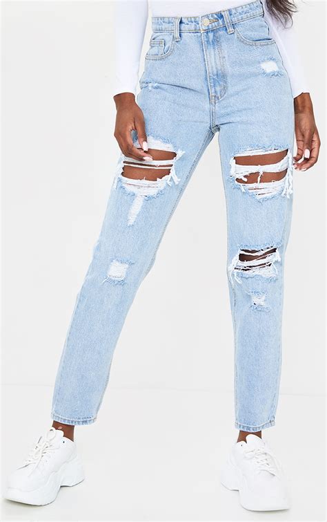 Plt Tall Light Blue Ripped Mom Jeans Prettylittlething