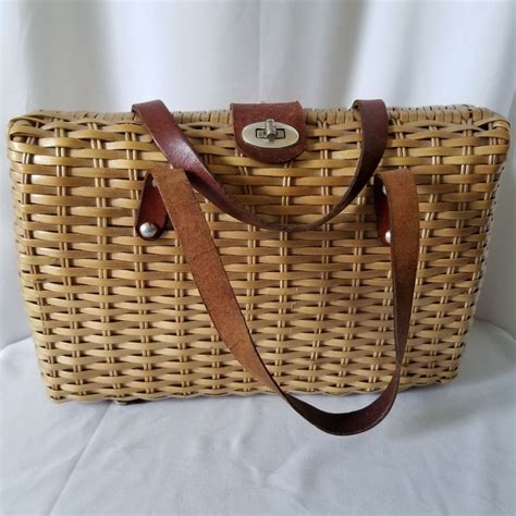Woven Straw Wicker Basket Purse With Straps Metal Feet Lined Carryon