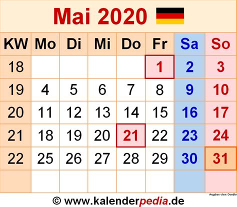 Kalender Mai 2020 Als Pdf Vorlagen