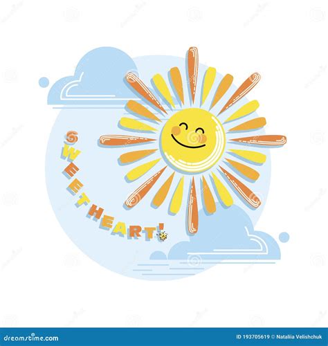Cartoon Sun Sweetheart Baby Emblem Sun And Cloud On Blue Sky