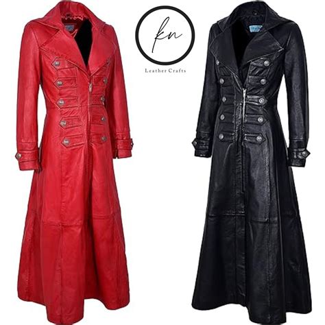 Real Leather Gothic Long Trench Coat Red Steampunk Leather Trench Coat