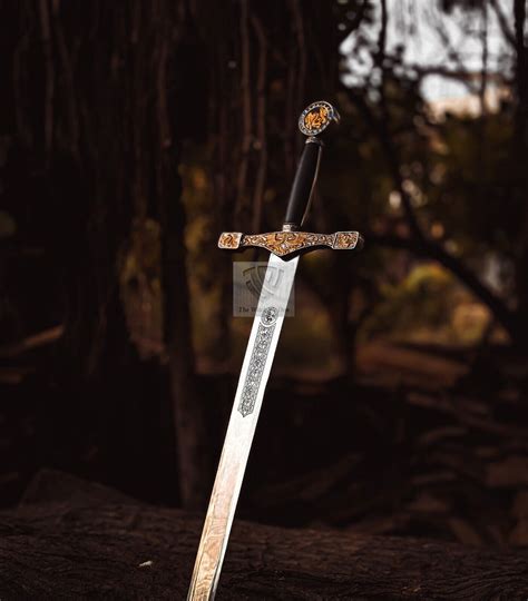 King Arthur Excalibur Longsword Damascus Steel Sword In Stone Replica W