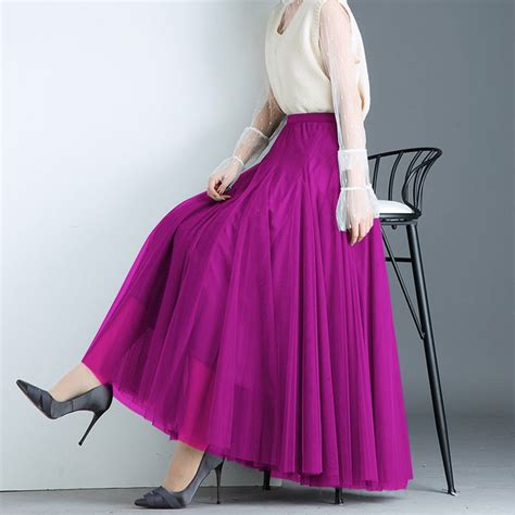 Korean Fashion Chiffon High Waist Skirts Women Elegant Purple Dance Mesh Elastic Black A Line