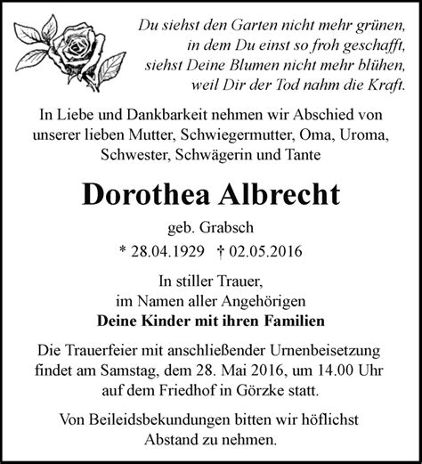 Traueranzeigen Von Dorothea Albrecht Märkische Onlinezeitung Trauerportal