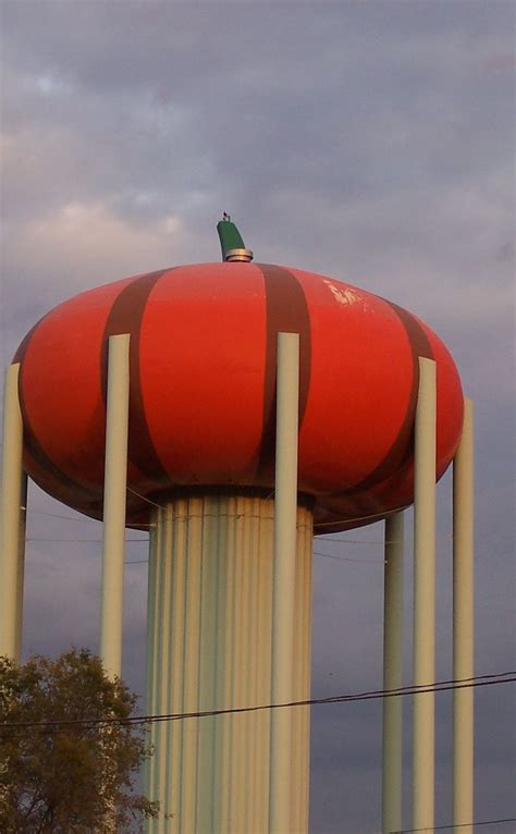 A Red And White Water Tower With A Green Bird Perched On Its Top