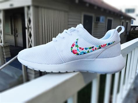 Womens Custom Nike Roshe Run Sneakers Floral Design All White With