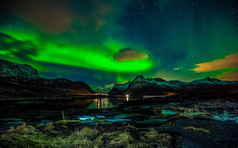 Papéis De Parede Noruega Ilhas Lofoten Montanhas Inverno Noite