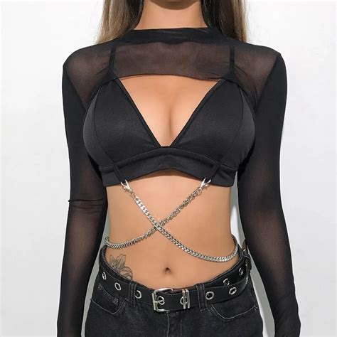Sexy Deep V Neck Black Crop Top Summer Chain Padded Straps Backless Vest Sleeveless Bralette